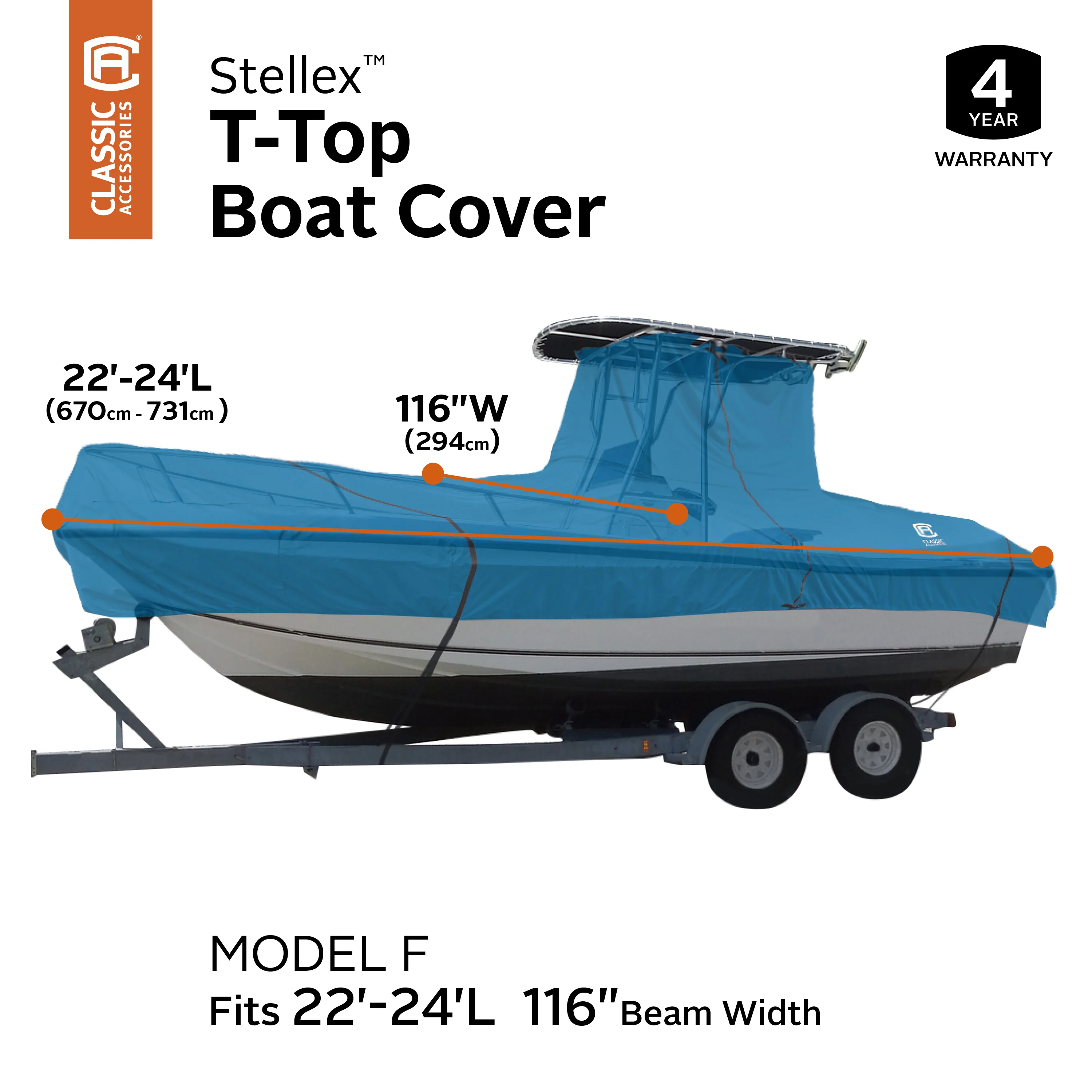 Classic Accessories Stellex Center Console Style Boat with T-Top roof, 22&s;-24&s;L, 116
