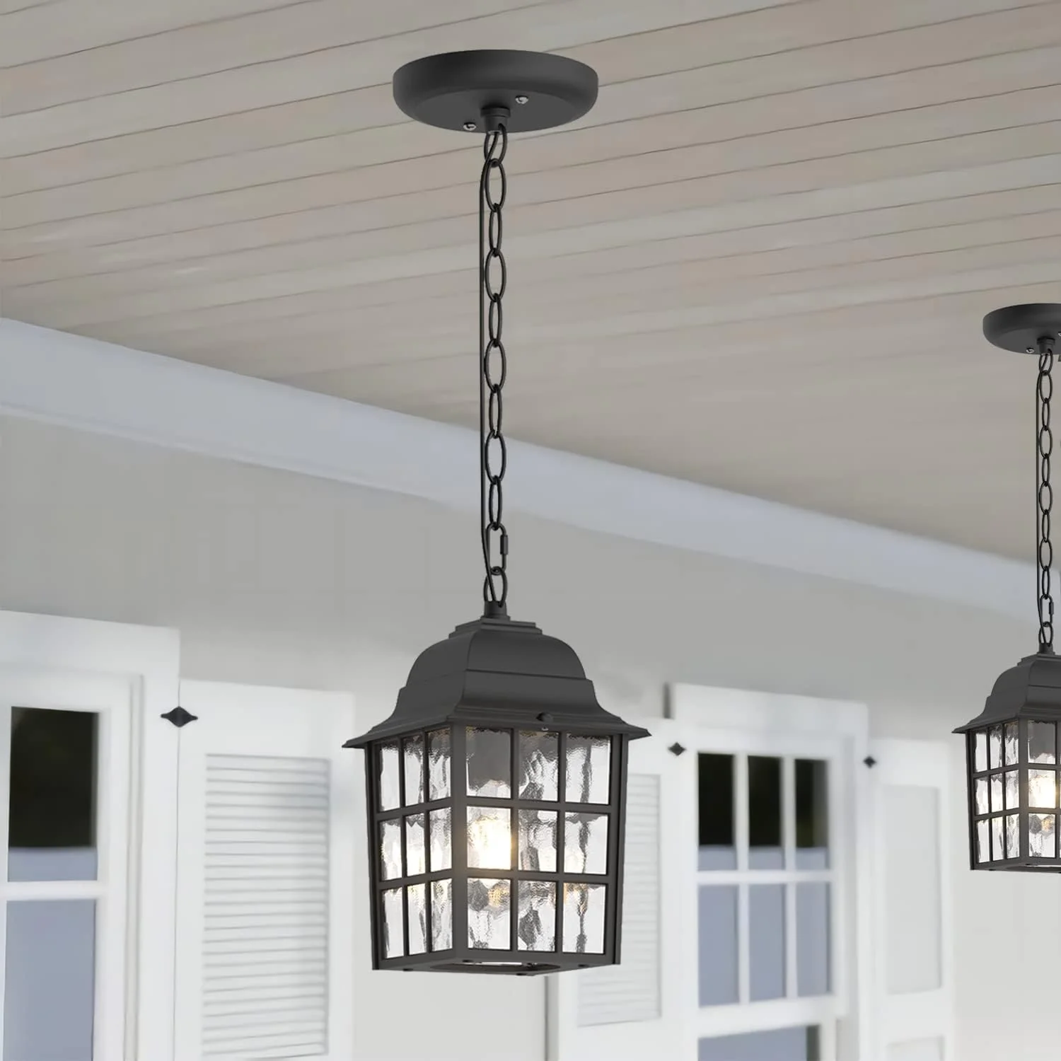 Aoceley Outdoor Pendant Light,  Exterior Ceiling Hanging Lantern Porch Light with Water Glass, Outdoor Hanging Lantern Light Black Exte