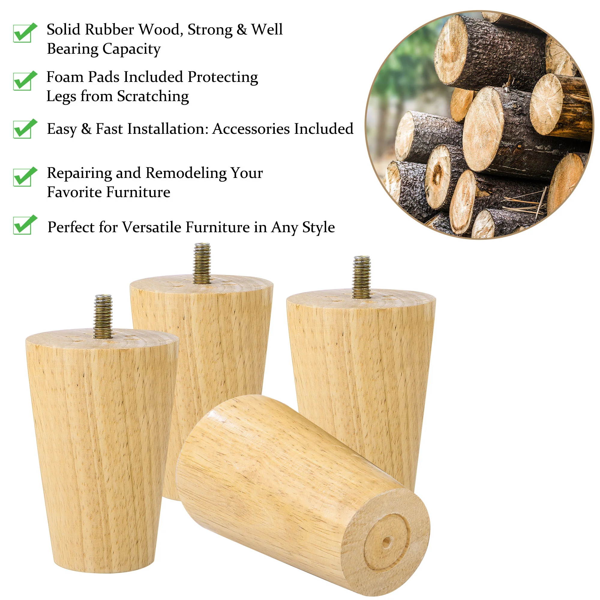 Unique Bargains Round Solid Wood Furniture Leg Sofa Desk Feet Adjuster Replacement Set of 4