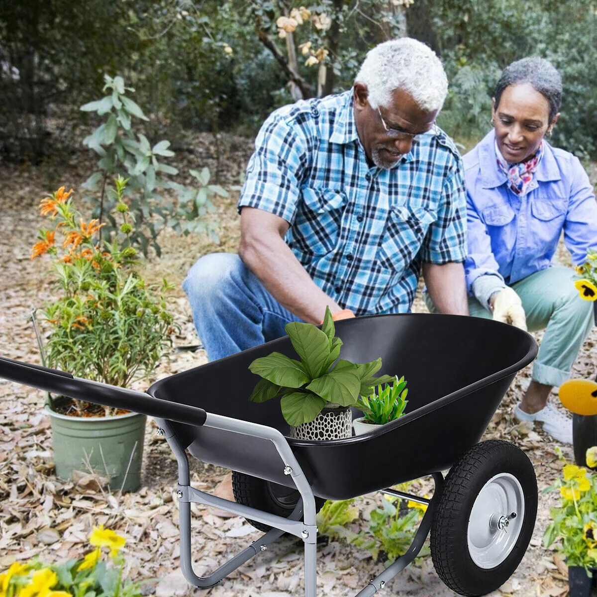 Great Choice Products 2 Tire Outdoor Wheelbarrow Garden Cart Dolly Home Garden Work Cart Black