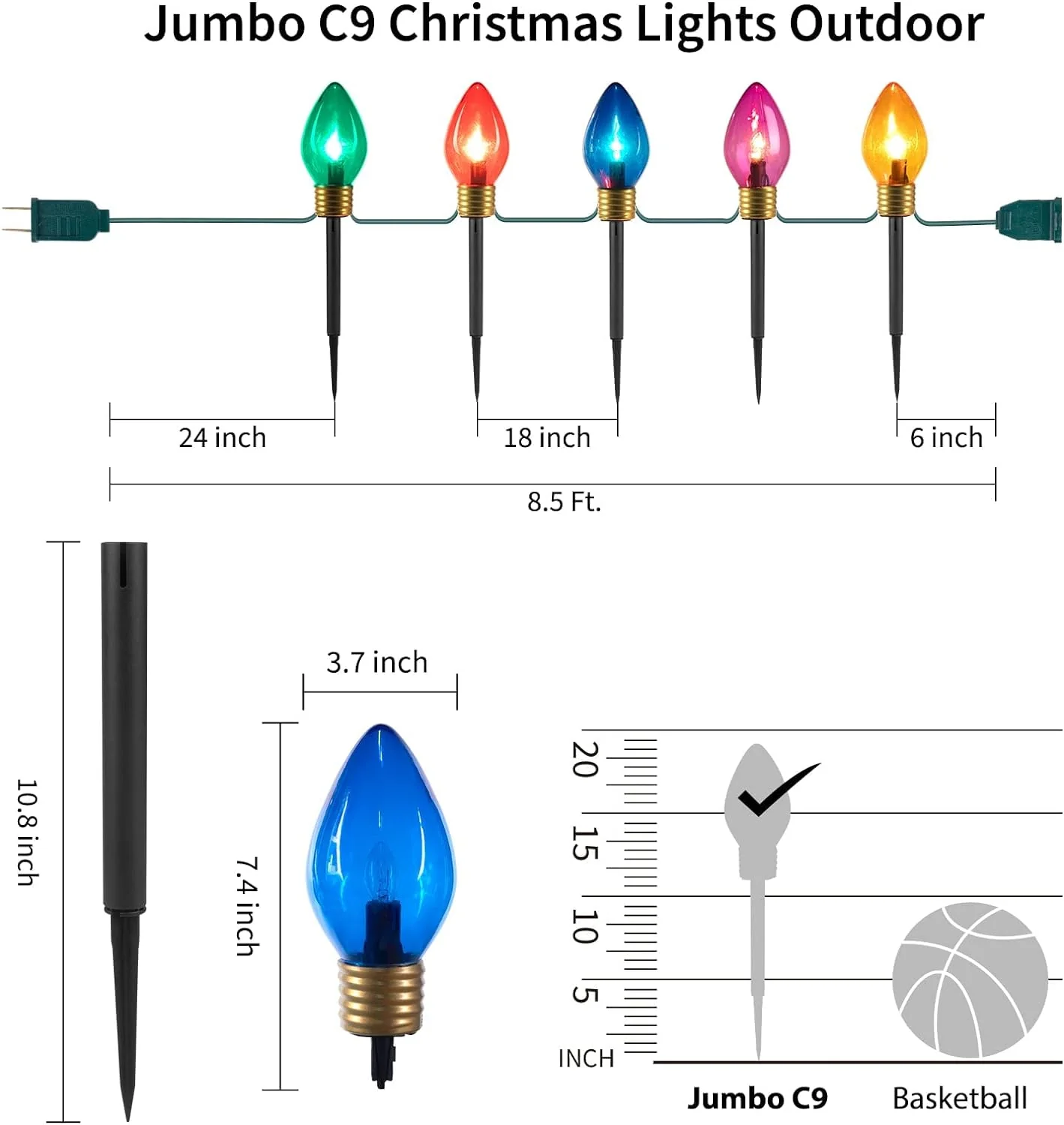 Brightown Christmas Lights Jumbo C9 Outdoor Lawn Decorations with Pathway Marker Stakes, 8.5ft C7 Lights Covered Jumbo Glitter Multicolor