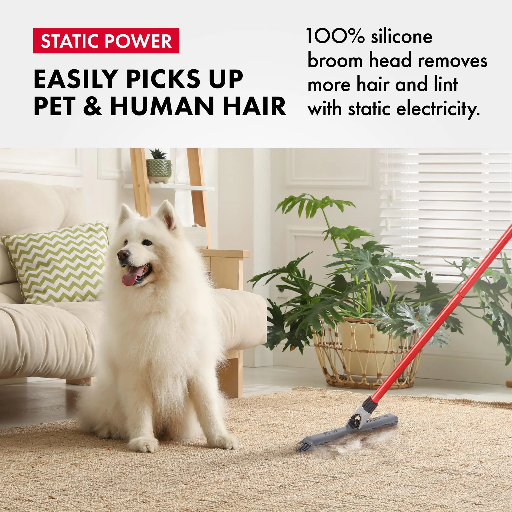 ravmag silicone rubber broom &a; squeegee - 100% silicone, new aluminum anti-rust 55 inch 4pc handle, best for pet &a; human hair