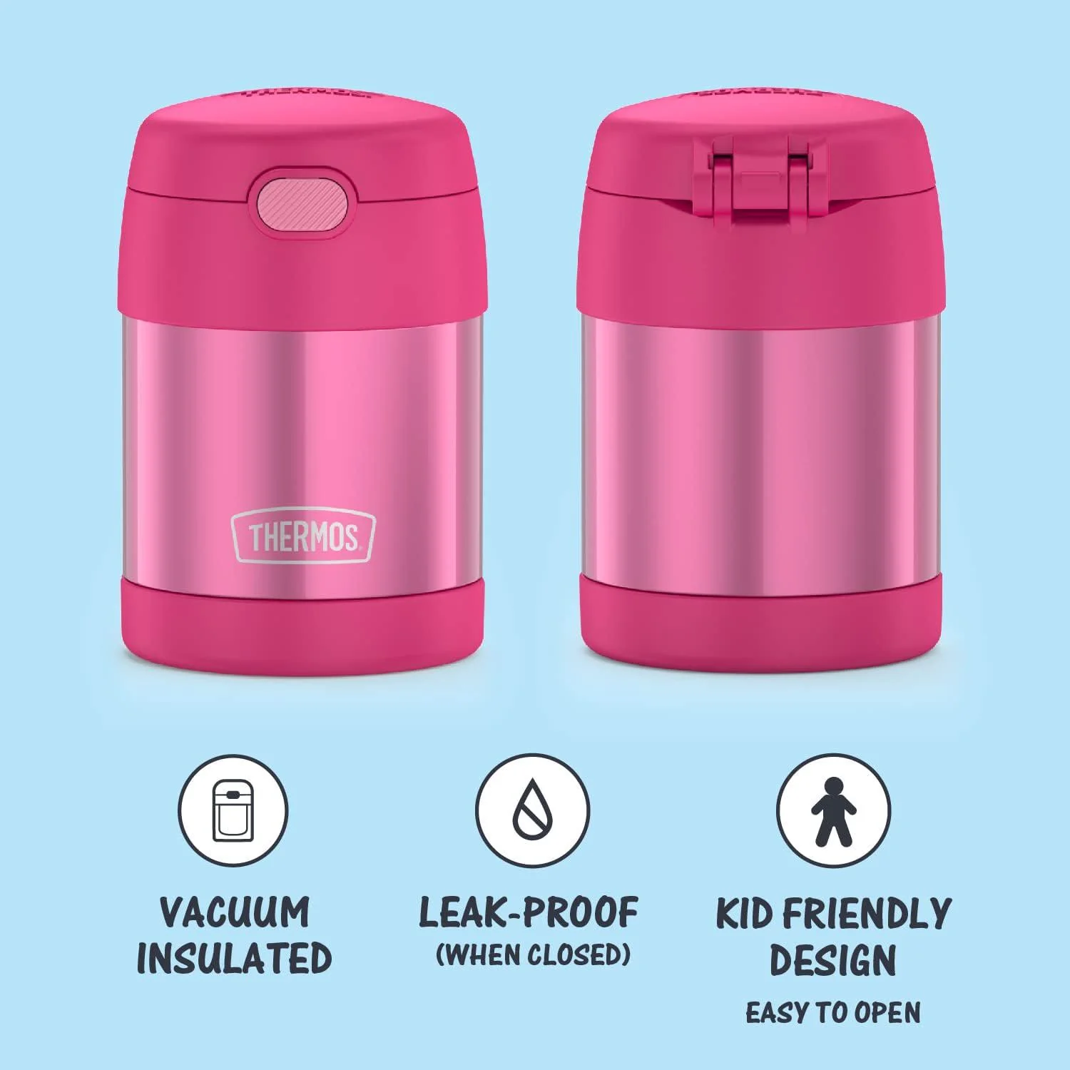thermos funtainer 10 ounce stainless steel vacuum insulated kids food jar with folding spoon, pink