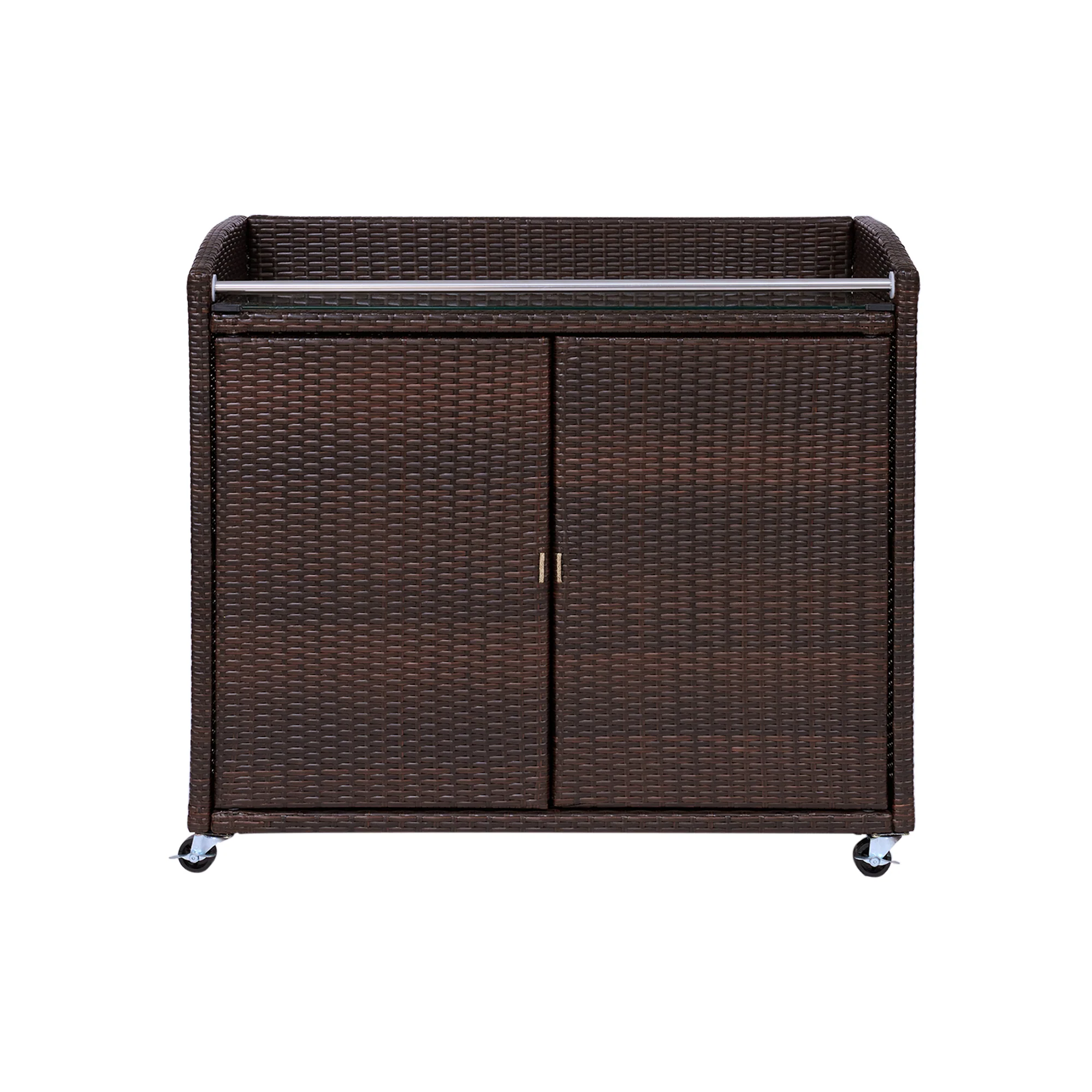 Teamson Home - PE Rattan Bar Serving Cart Cabinet with Safe Locking Caster Wheels, Brown