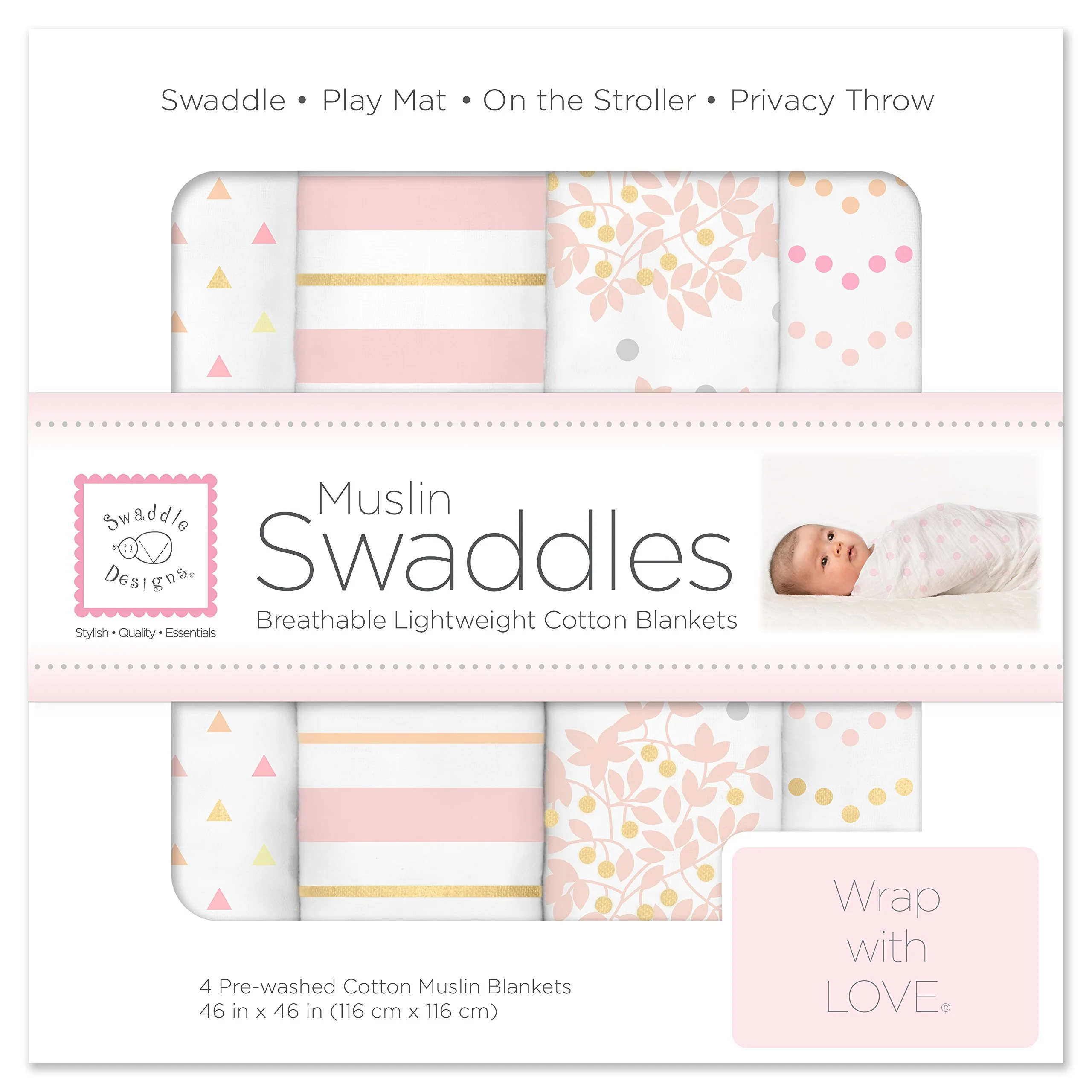 SwaddleDesigns cotton Muslin Swaddle Blankets, Set of 4, Receiving Blankets for Baby Boys girls, Best Shower gift, 46x46 inches,