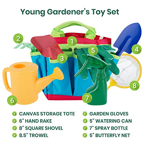 Little Wombats Kids Gardening Tools, 10 Piece Garden / Backyard Tools, Gloves, Apron, Rake, Hat, Shovel, Watering Can, Spray Bot