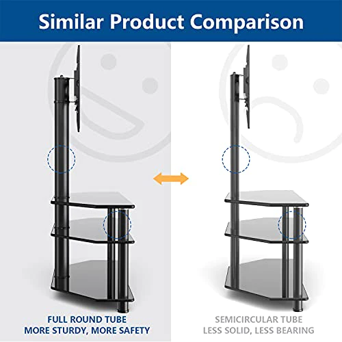Rfiver Swivel Glass TV Stand with Mount for 32-65 Inch Flat or Curved Screen TV up to 110lbs, Height Adjustable Corner Floor TV