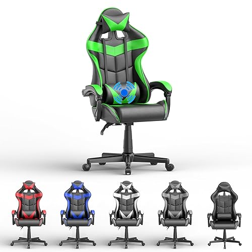 Soontrans Green Gaming Chair with Massage,Racing Gamer Chair for Teens, Ergonomic Game Chair with Adjustable Headrest and Lumbar