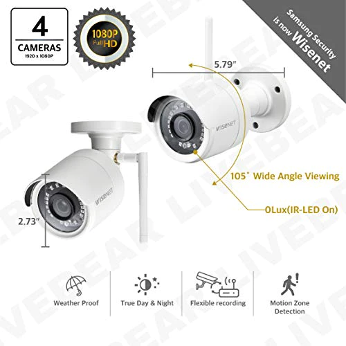 Wisenet SNK-B73041BW 4 Channel 1080p Wi-Fi NVR Surveillance System with 1TB HD, 4 Bullet Cameras 1080p Dual Antenna Indoor/Outdo