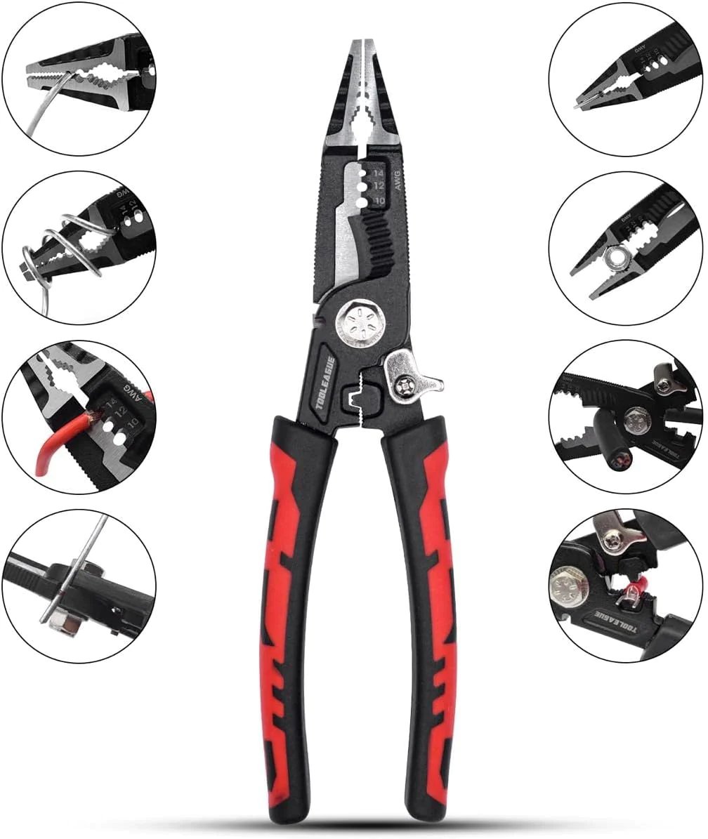 TOOLEAGUE 9-in-1 Wire Stripper Tool, Cable cutters, C-RV Multifunctional needle nose pliers for Electric Cable Stripping Cutting and Crim