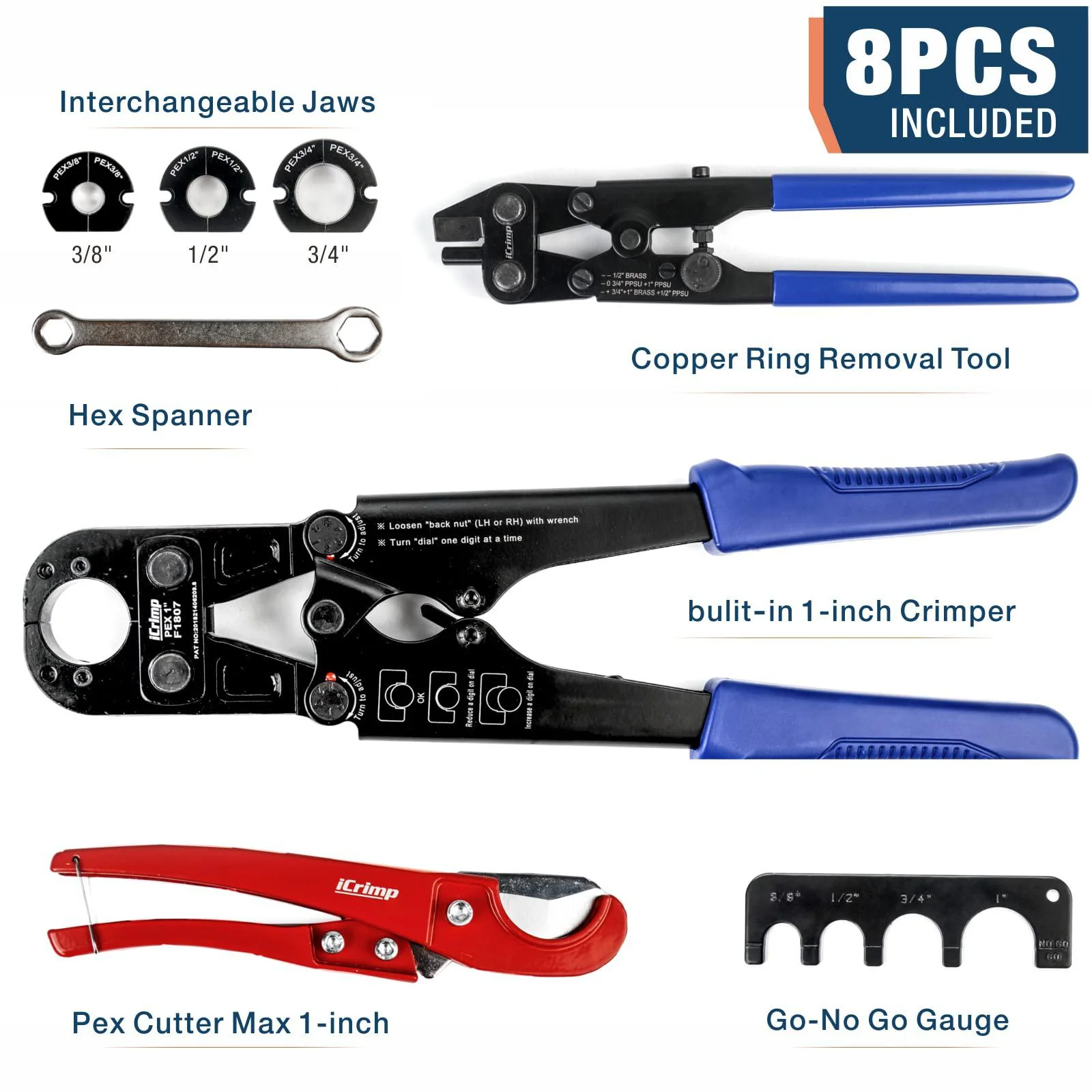 Iwiss icrimp f1807 copper ring crimping tool kit for 3/8,1/2,3/4,1-inch- free removal tool&a; pex pipe cutter&a;gauge- for all us f1807