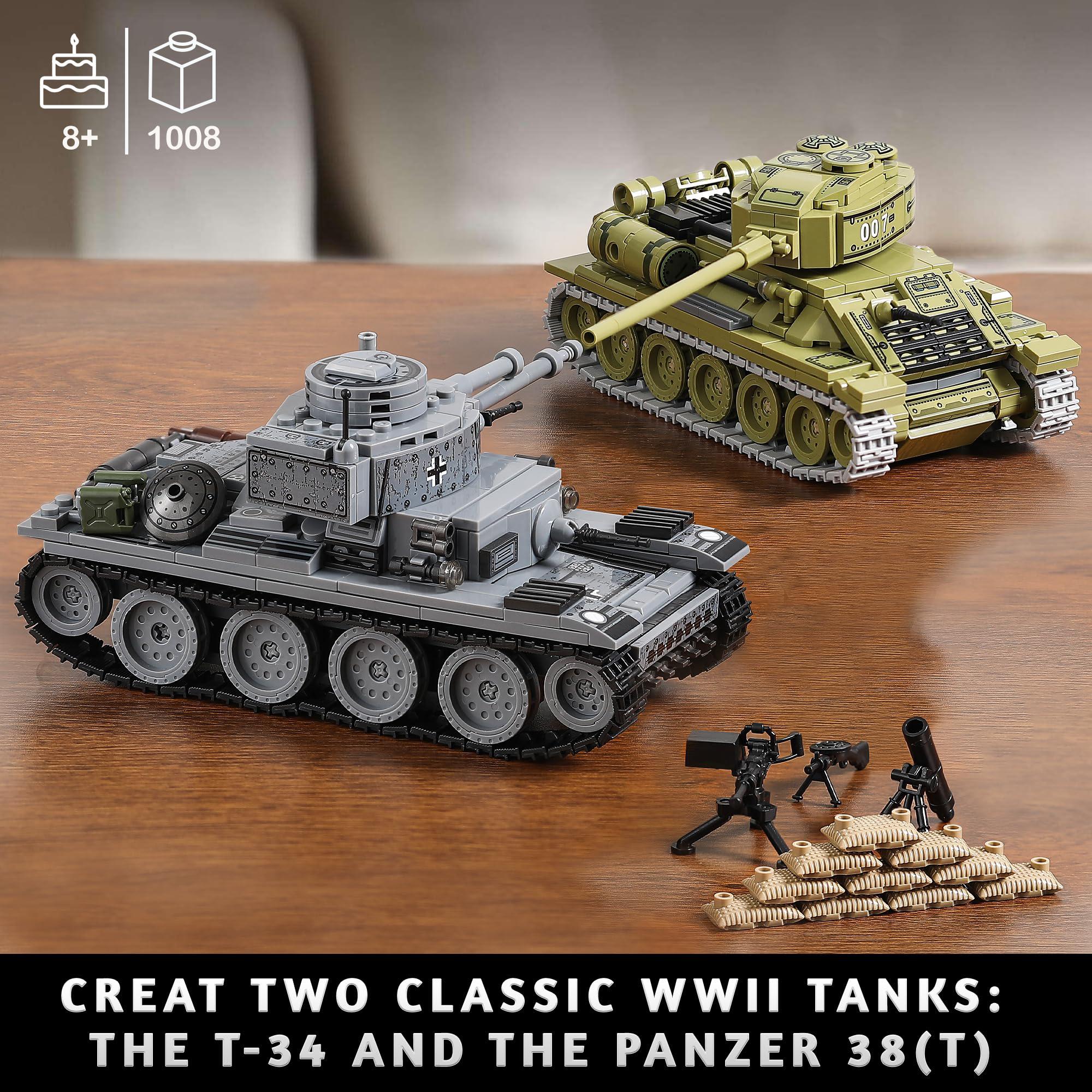 mistbuy ww2 army tanks toy building kit, create a soviet t-34 &a; a german panzer 38(t), featuring 2 iconic toy tank models, gr