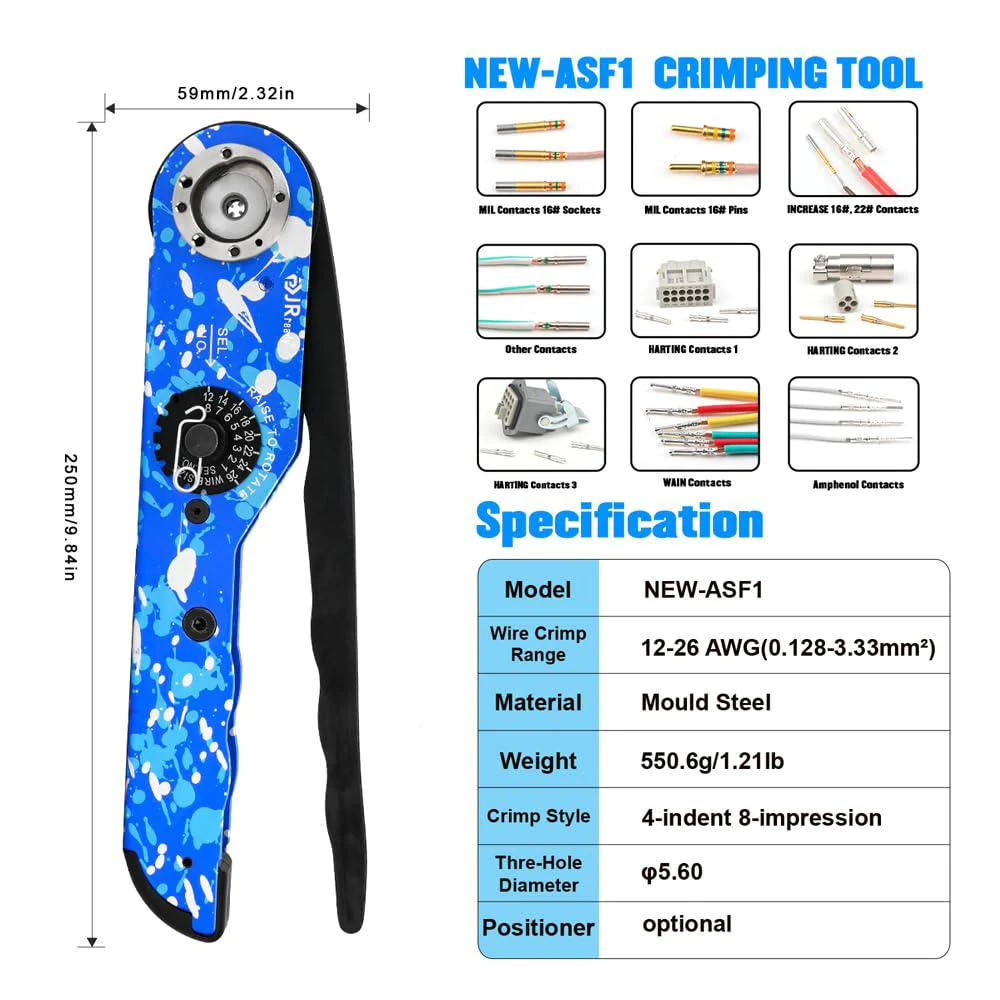 jrready new-asf1 deutsch connector crimping tool, m22550-1/01 8 indent crimp tool for solid contacts wire range 12-26 awg, av