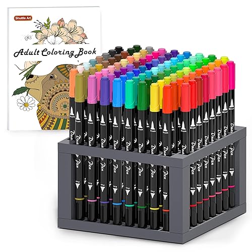Shuttle Art Dual Tip Brush Pens Art Markers, 96 Colors Fine and Brush Dual Tip Markers Set with Pen Holder &a; 1 Coloring Book for