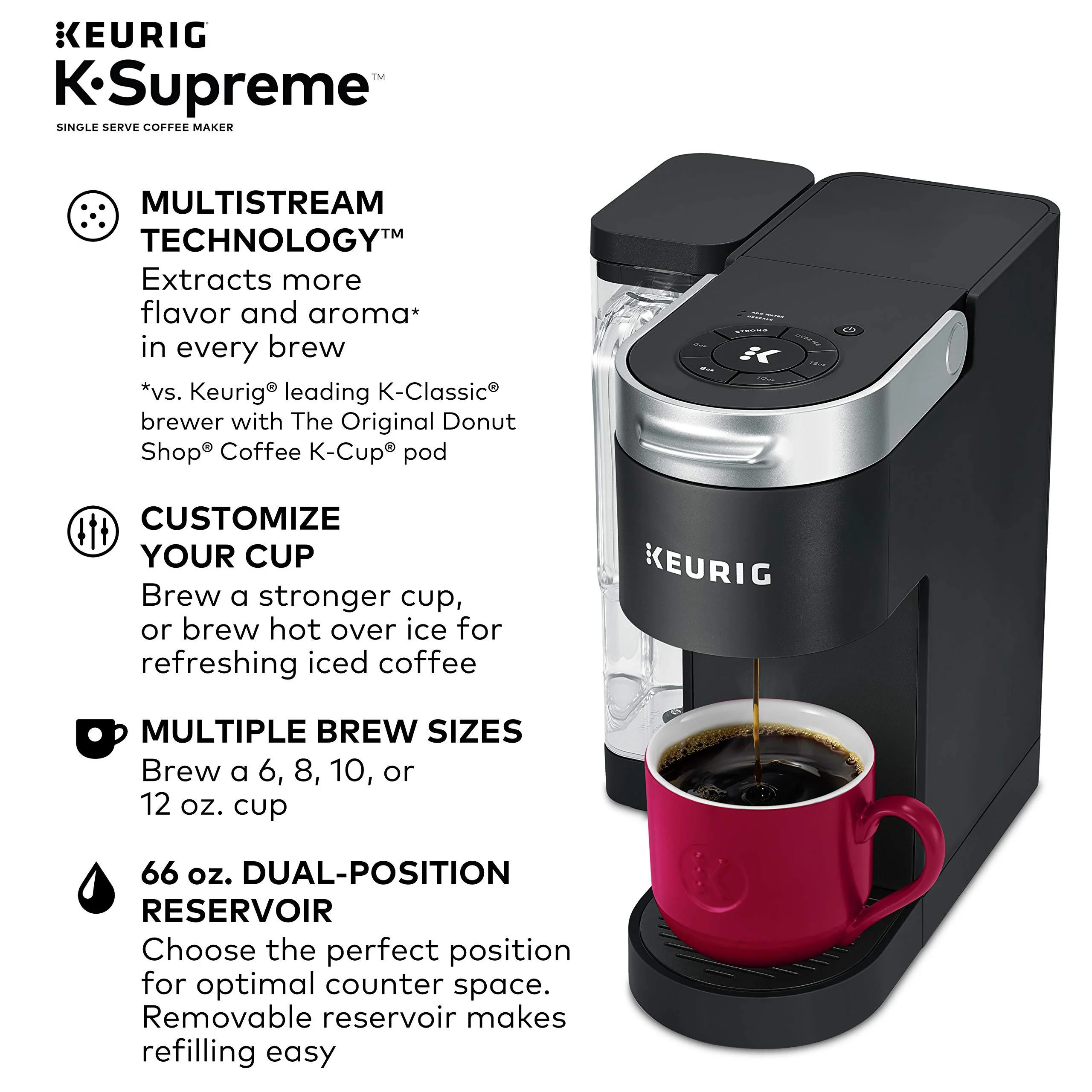 keurig k-supreme single serve k-cup pod coffee maker, multistream technology, black