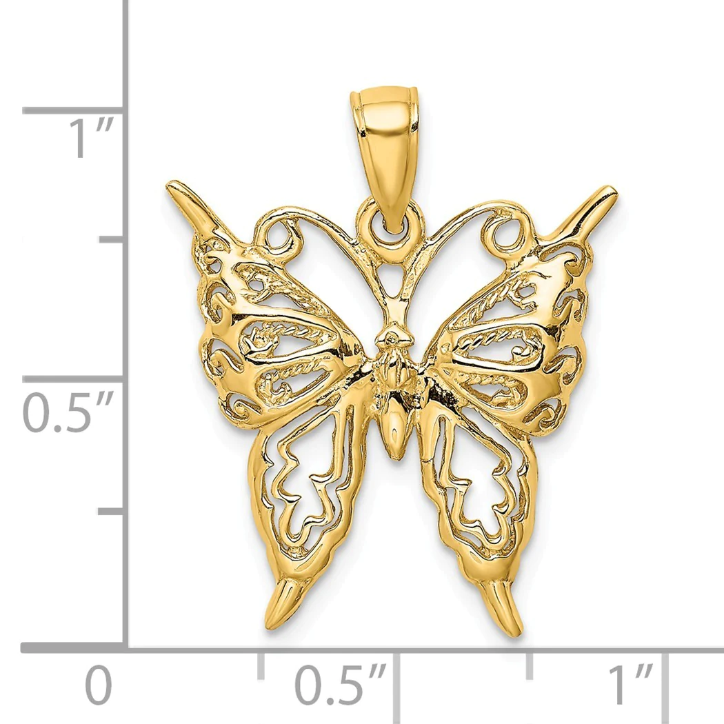 Jewelryweb 14k Gold Butterfly With Wings Cut-out and 2-d Charm