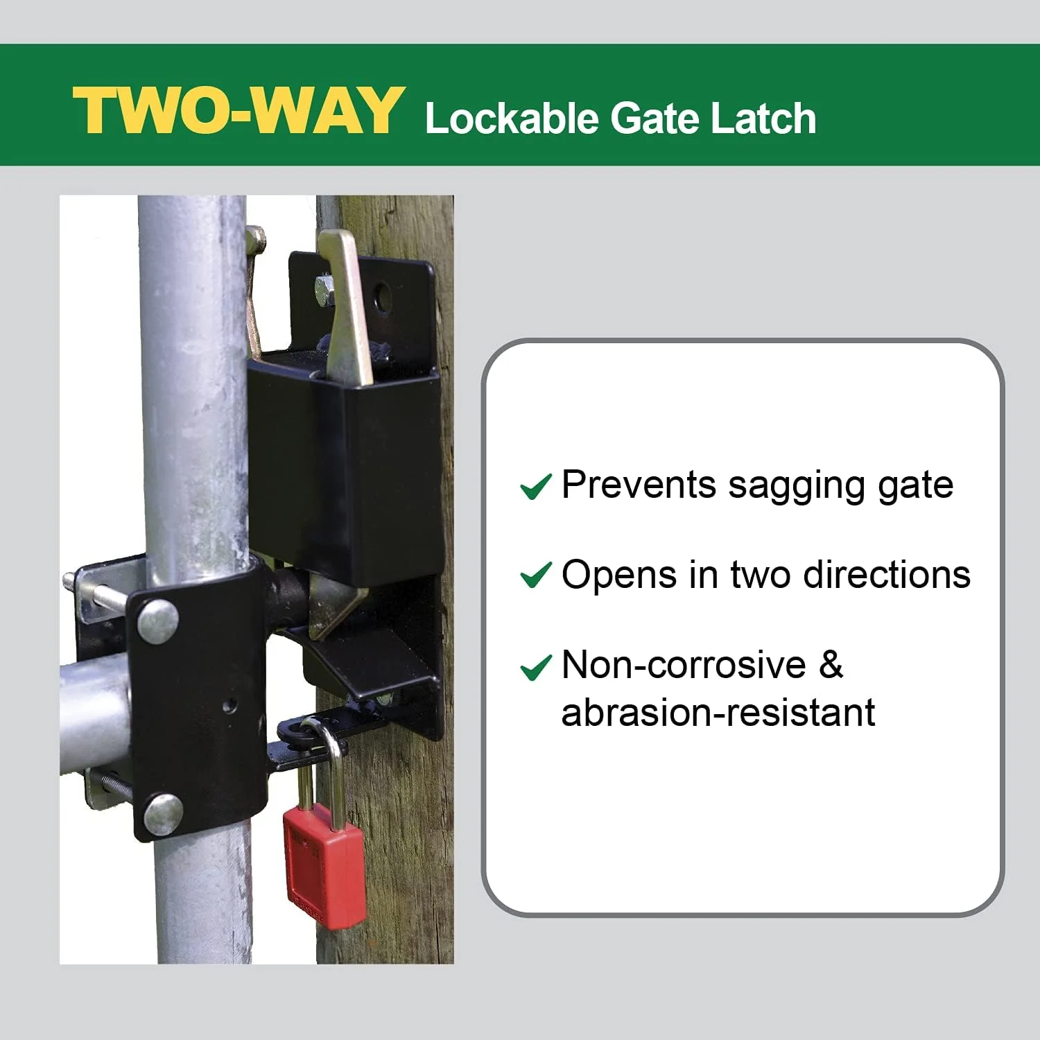 Aodyow Powerfields Two-Way Lockable Livestock Gate Latch for Farms, Pet Cages, Fences,