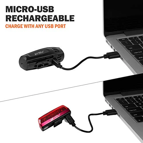 BV Super Bright USB Rechargeable Bike Light Set, Headlight with Free Taillight, Three Light Modes, Water Resistant IP44 - Fits A