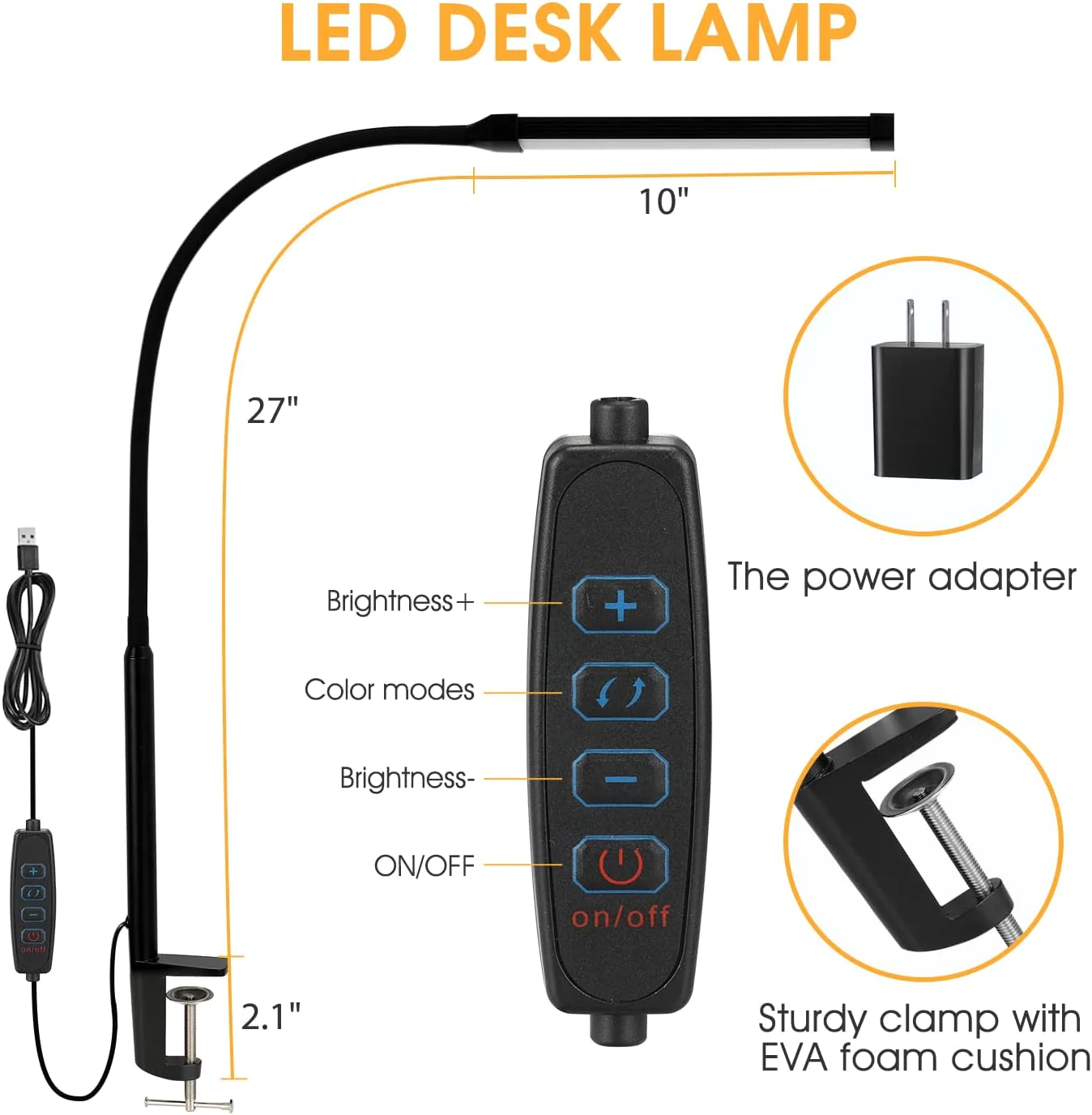 Voncerus LED Desk lamp with Clamp, Eye-Caring Clip on Lights for Home Office, 3 Modes 10 Brightness, Long Flexible Gooseneck,Metal, Swin