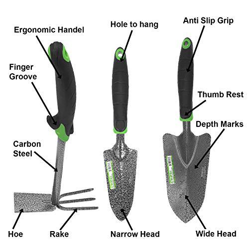 wilfiks garden tool set, 3 piece heavy duty hand tools, the gardening kit includes a hand trowel, transplanter and a hoe and