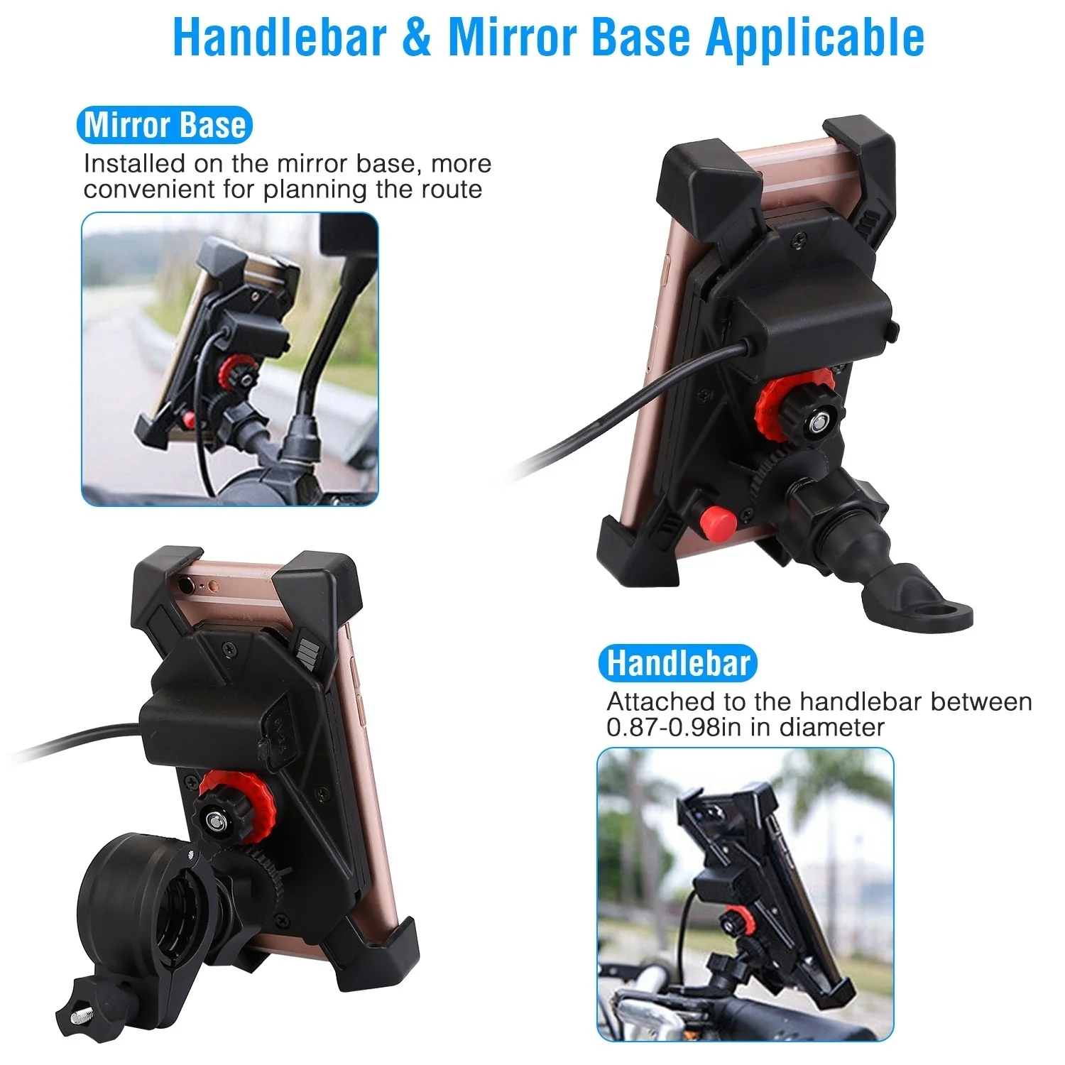 GLOBAL PHOENIX Handlebar Mirror Mobile Phone Holder Bicycle Bike Motorcycle Bracket Mount for 4in to 6.5in Screen USB Rechargeable