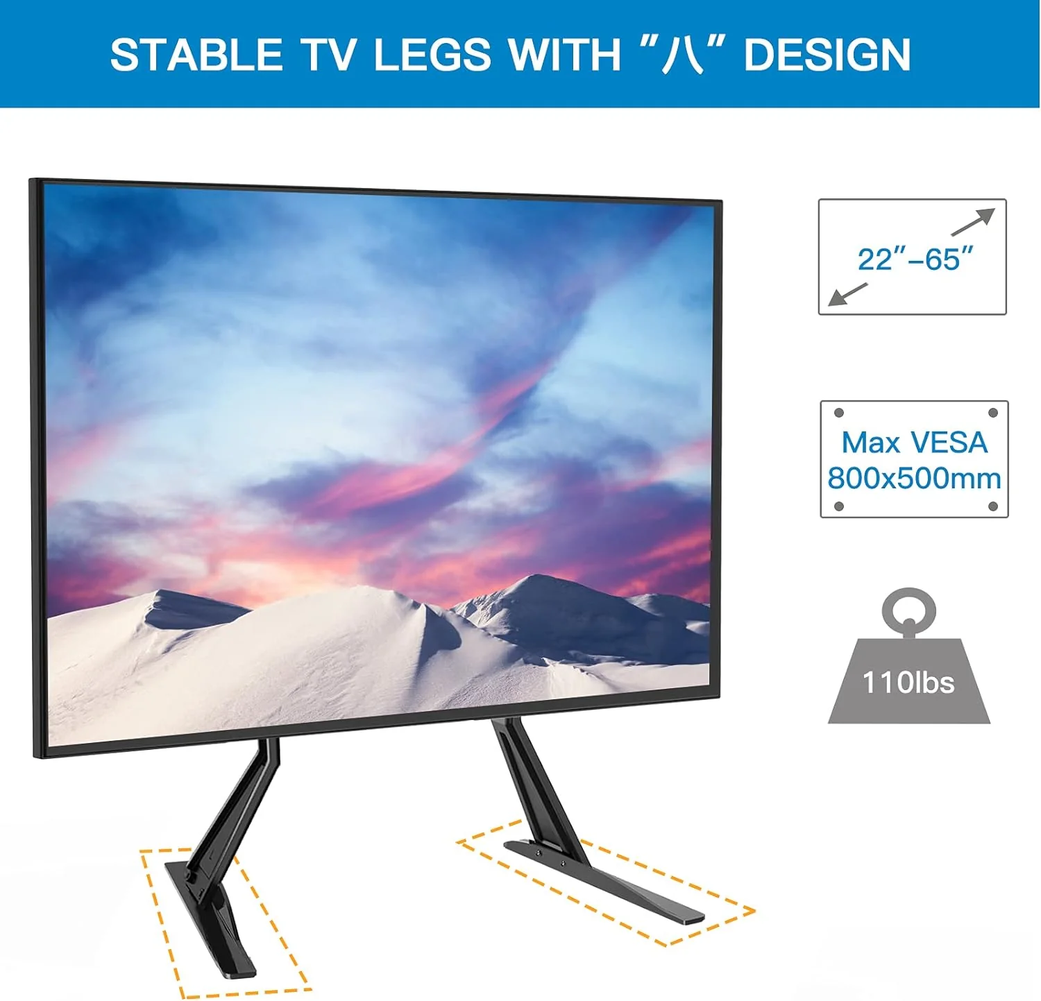 PERLESMITH Universal Table Top TV Stand for 22 - 65 Inch Flat Screen, LCD TVs Premium Height Adjustable Leg Stand Holds up to 110lbs, VESA
