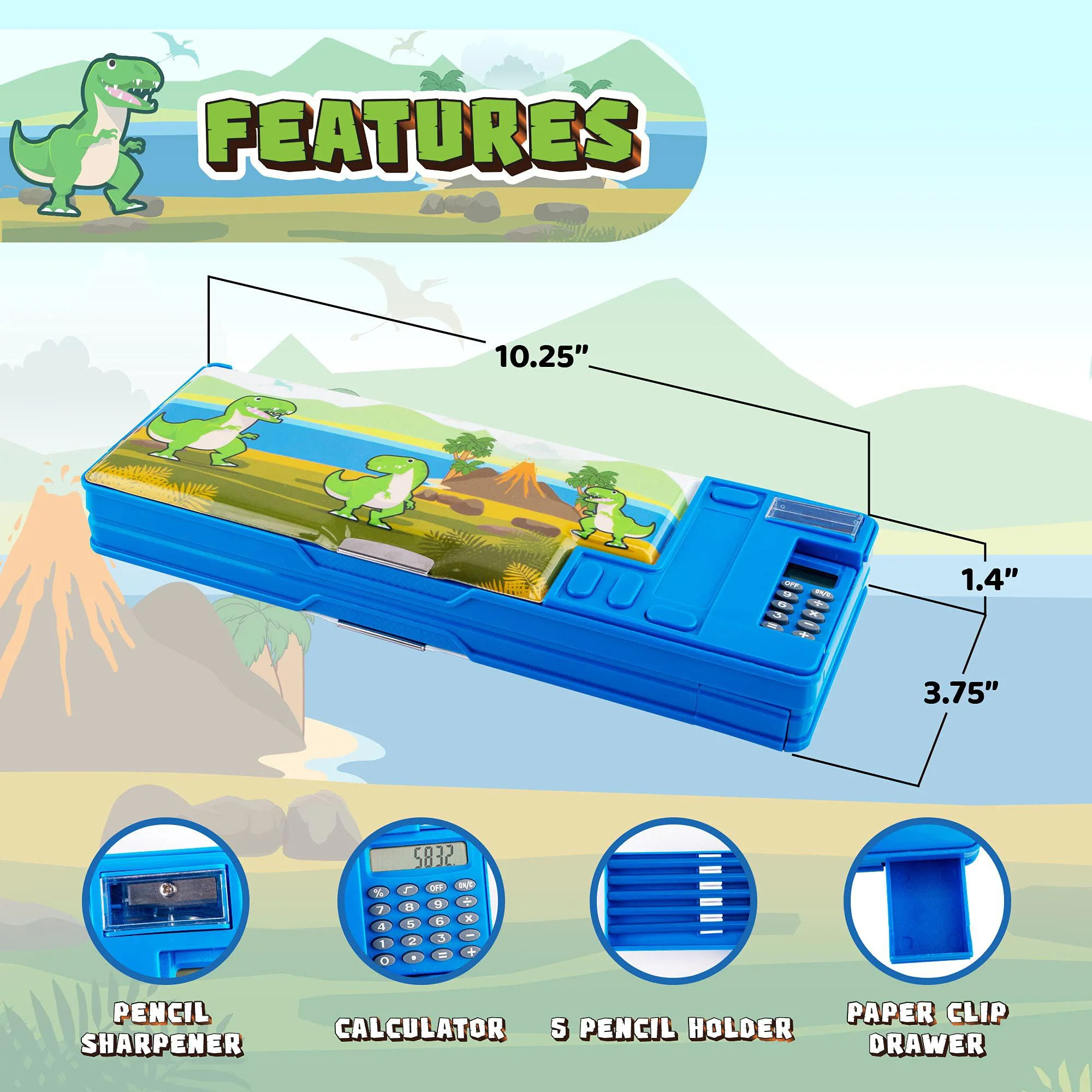 Ipidipi Toys pop up dinosaur pencil case for kids, multifunction stationery organizer box with calculator, sharpener, and pencils, cute sc