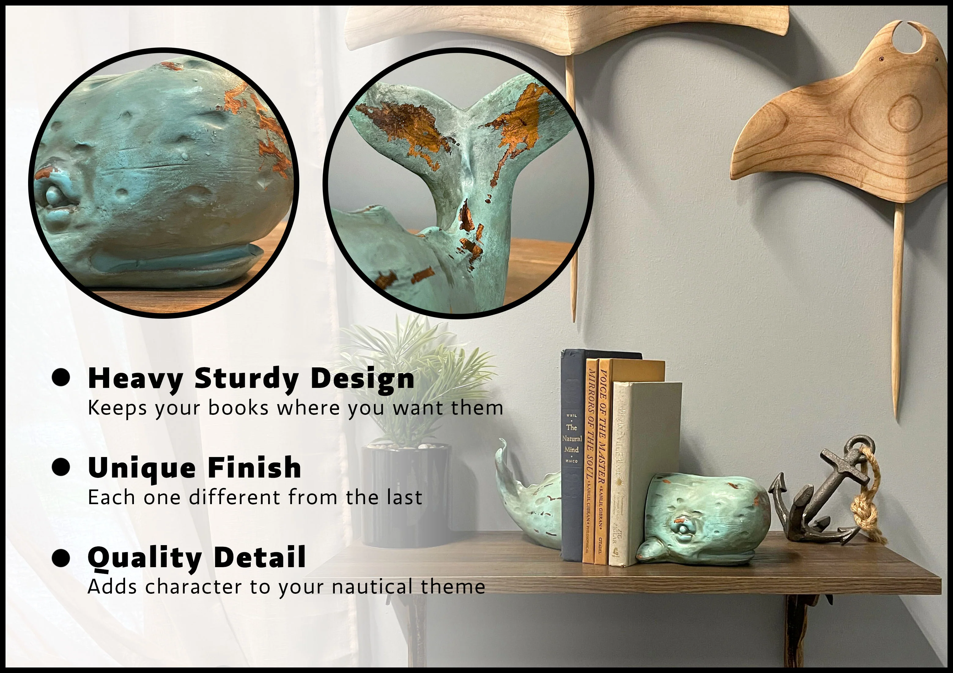 Zeckos Verdigris Decorative Whale Bookends Resin Bookshelf Nautical Decor Rustic Beach Statue Shelf Organizer