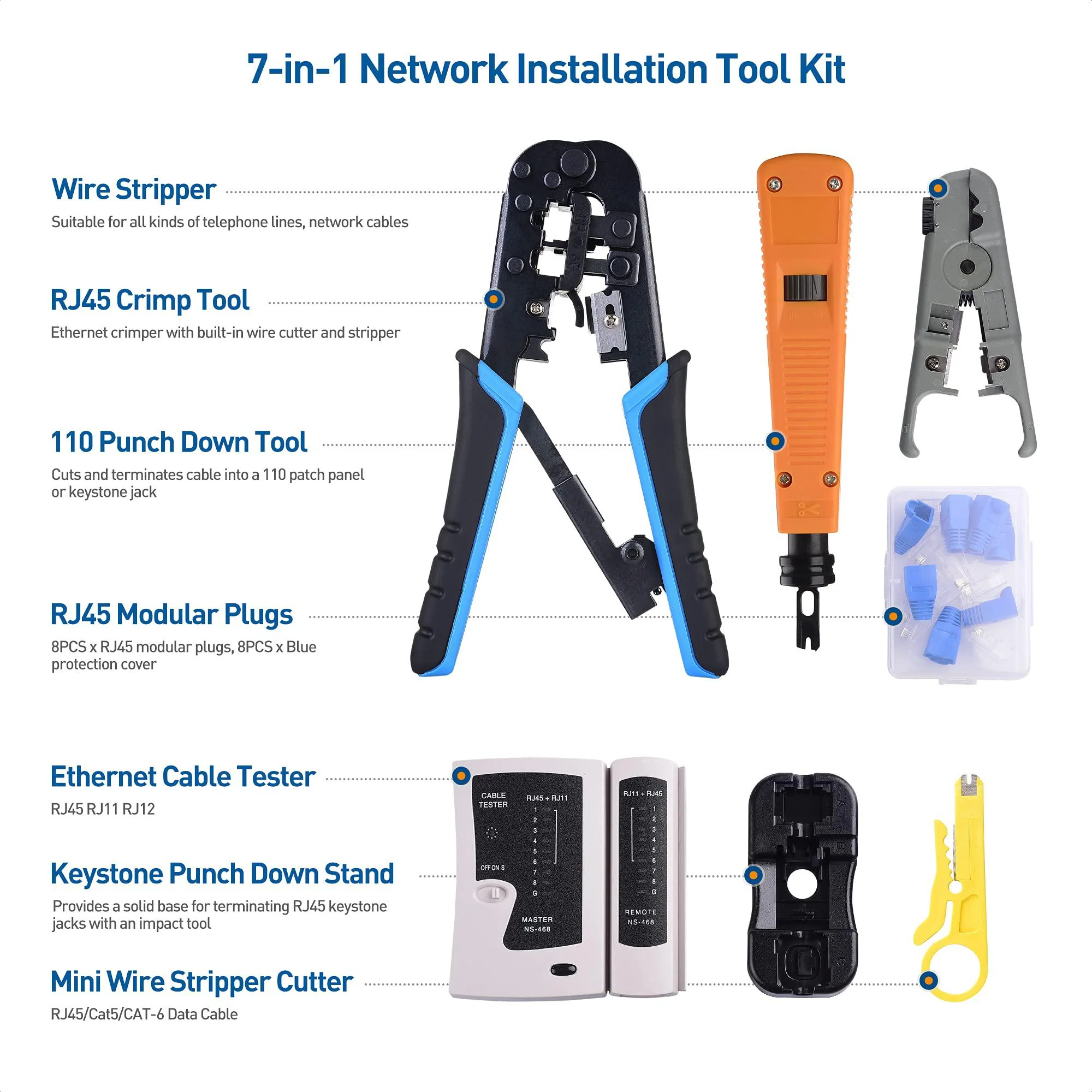 cable matters 7-in-1 network tool kit with rj45 ethernet crimping tool, punch down tool, punch down stand, cable tester, rj45
