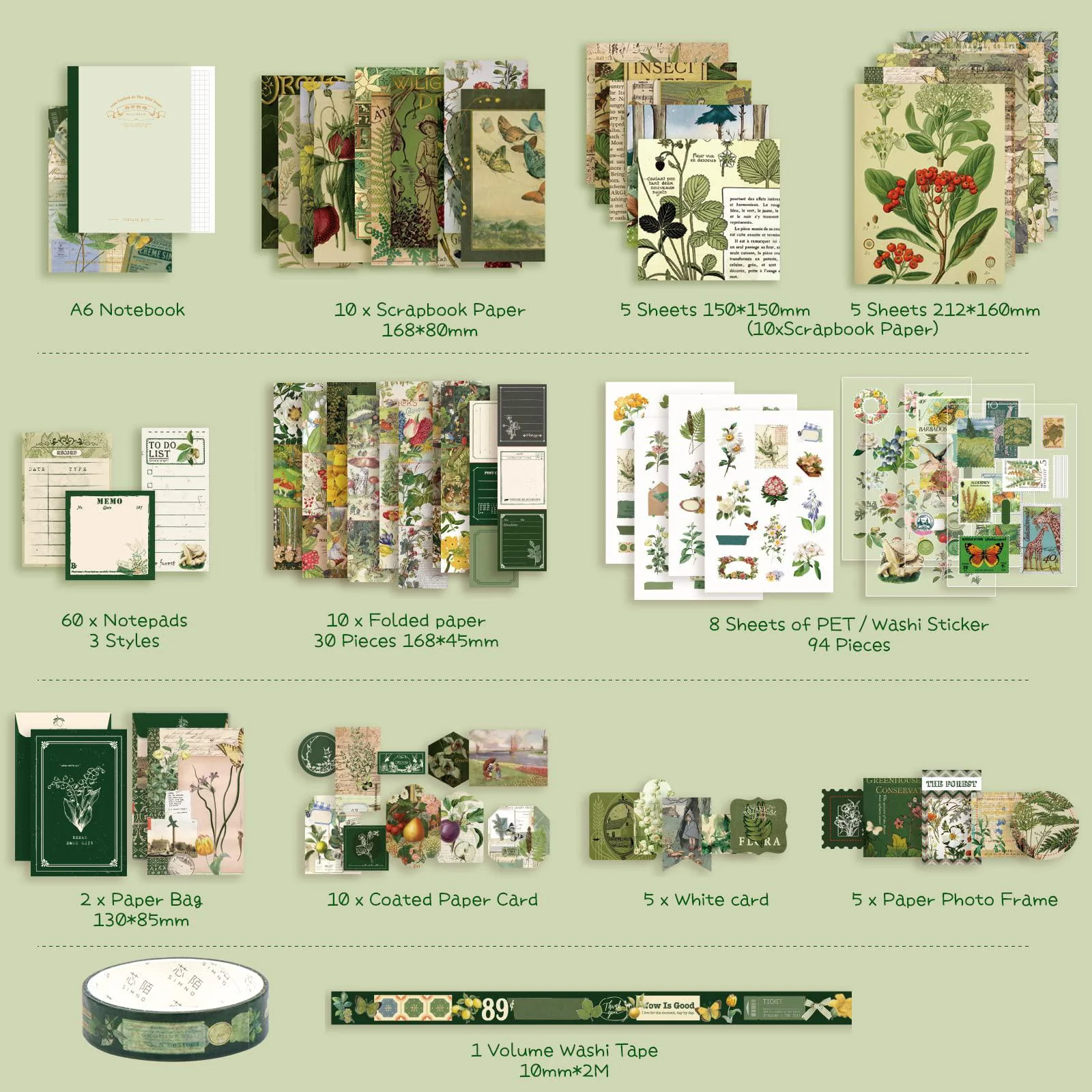 zoyomax aesthetic scrapbooking supplies kit, vintage scrapbook accessory set, 229 pieces scrapbook kit with a6 grid notebook,