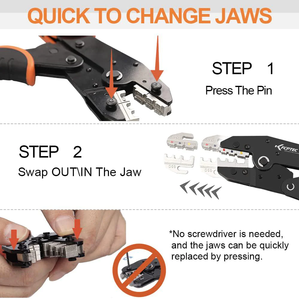 kf cptec crimping tool set 9 pcs - ratcheting wire crimper - quick exchange jaw for heat shrink, open barrel, insulated and n