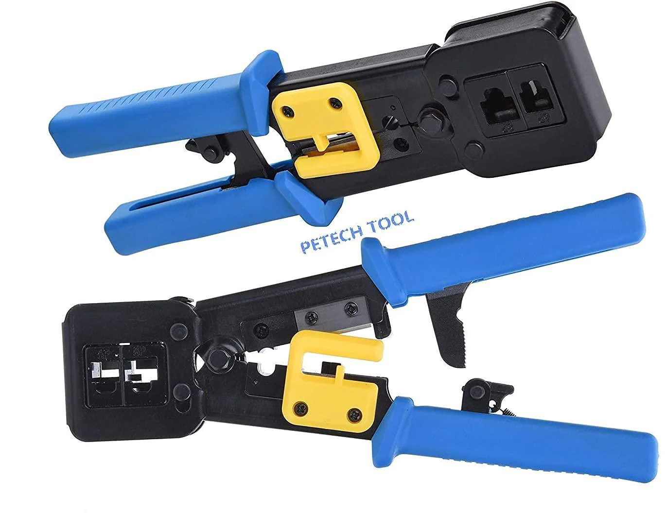 PETECHTOOL rj45 crimp tool ethernet pass thru crimper with 5pack 8pin replacement blades for pass through cat5 cat5e cat6 rj45/rj12 regu