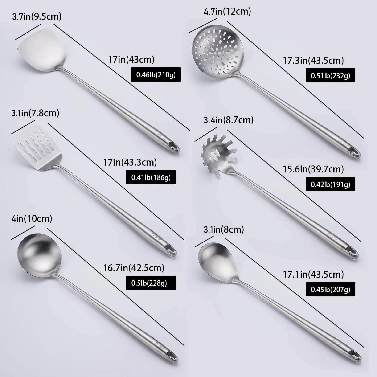 Standcn 17inch 304 stainless steel kitchen utensils set, 6-pieces all metal extra long handle cooking tools with wok spatula, soup la