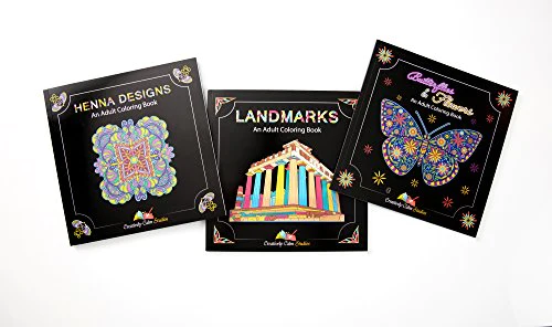 Creatively Calm Stud Adult Coloring Books Set 3 Pack – Landmarks, Henna, Butterflies and Flowers