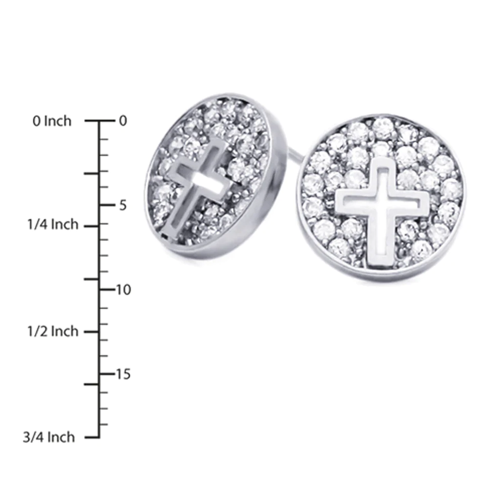 DoubleAccent 14K White Gold Plated Sterling Silver Open Cross In The Circle CZ Stud Screw Back Earrings For Children &a; Women
