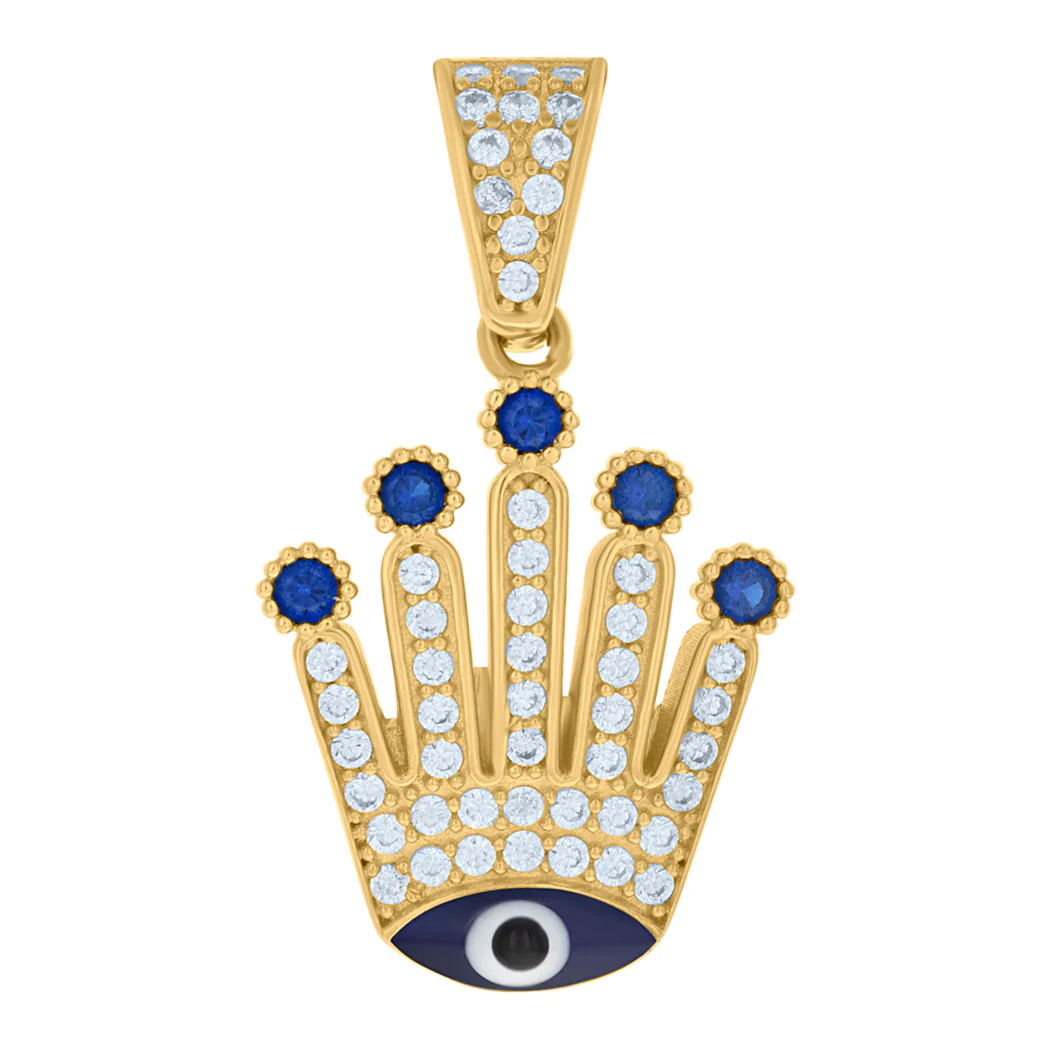 Jewelryweb 10k Yellow Gold Womens Blue White Cubic-zirconia Enamel Crown Evil Eye Good Luck Charm Pendant - Mea