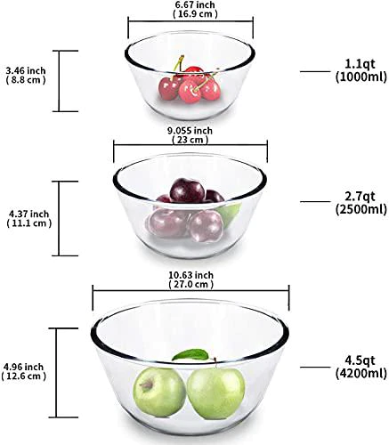 luvan glass mixing bowl with lids set of 3 (1.1qt,2.7qt,4.5qt),salad bowl great for food storage, cooking, baking, prepping,d