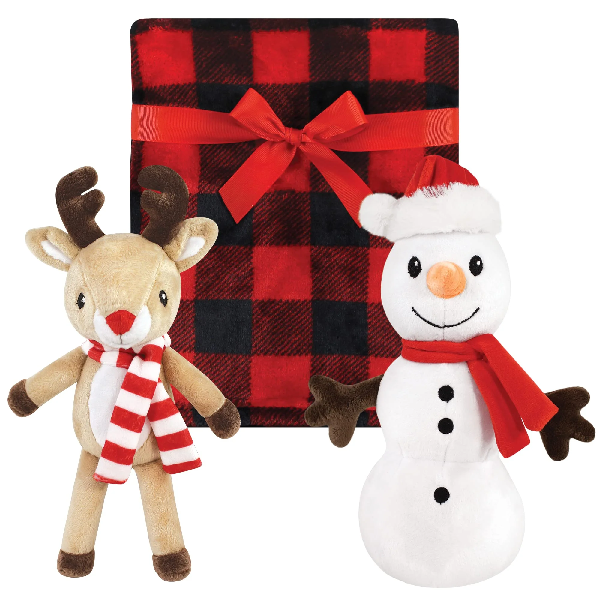 Hudson Baby Unisex Baby Plush Blanket with Toy, Rudolph And Santa Plaid, One Size