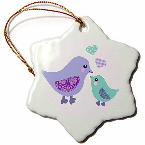 3drose llc orn_120281_1 porcelain snowflake ornament, 3-inch, cute purple mom bird and blue baby chick boy-kawaii birds-for m