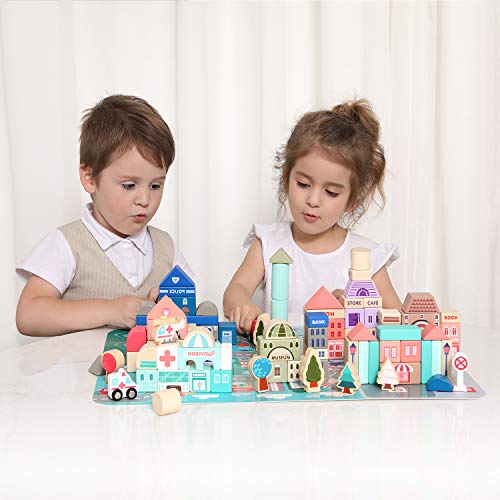 Migargle Wooden Building Blocks Set , City Construction Stacker Stacking Preschool Learning Educational Toys , Toddler Toys for 3+ Year O