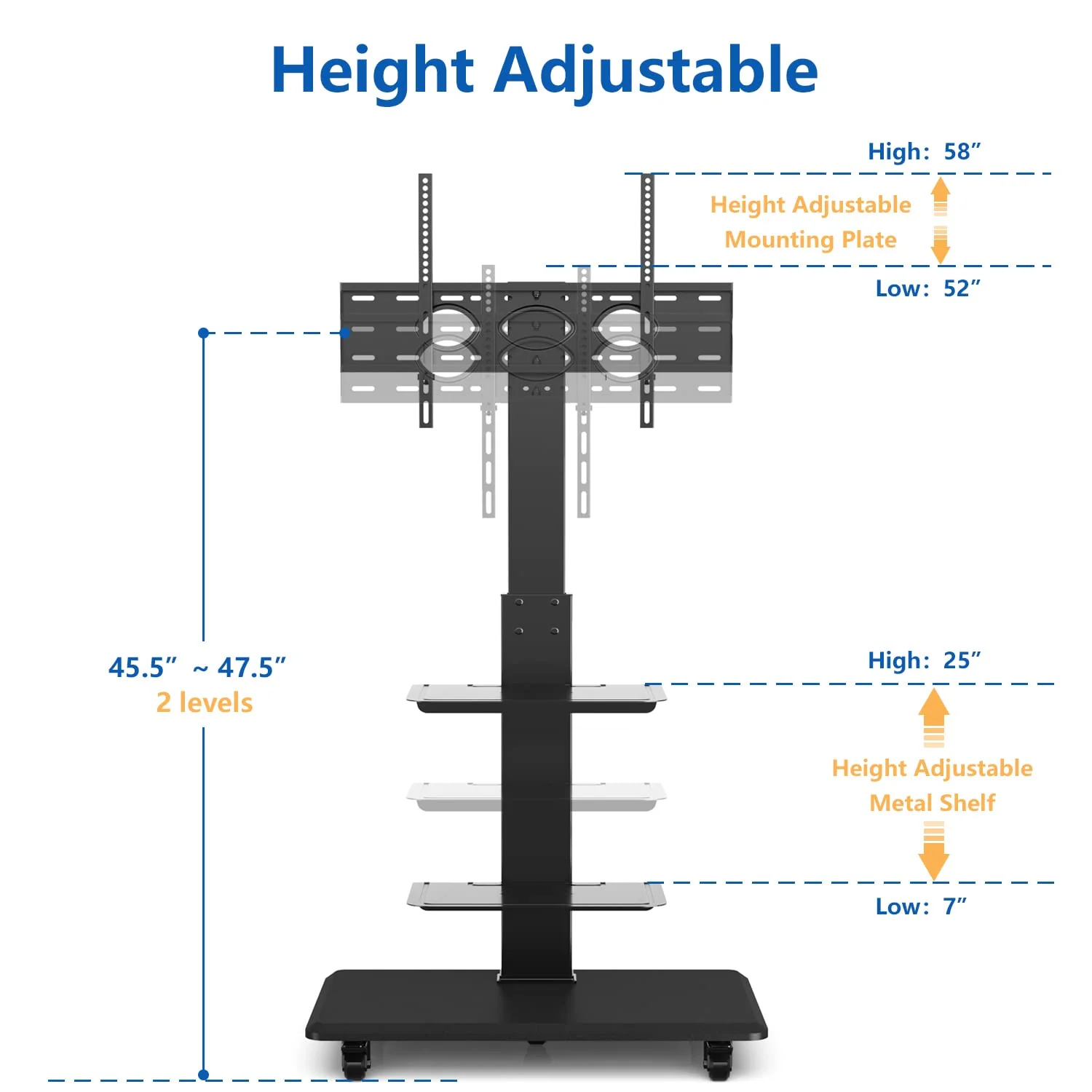 GCP Products Rolling Floor Tv Stand With Swivel Mount For 40-75 Inch Flat Screen/Curved Tvs, 3-Shelf Heavy Duty Portable Mobile Tv Cart Wi…