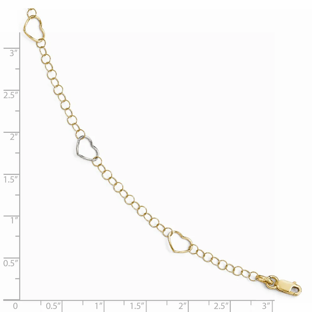 Jewelryweb 14k Two-Tone Gold Polished Heart With 1inch Ext. Anklet - 9 Inch - Measures 3mm Wide