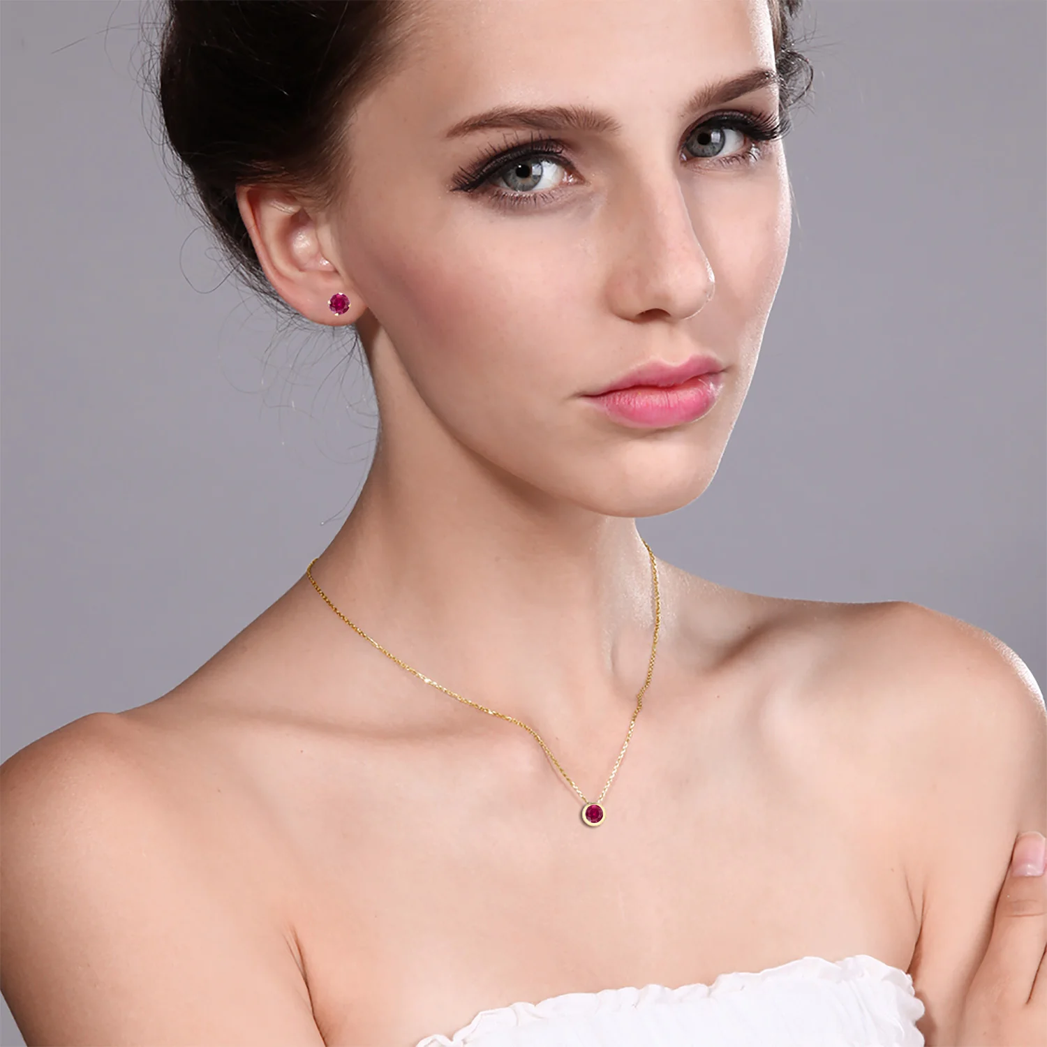 Gem Stone King 3.00 Ct 6mm Round Red Created Ruby 14K Yellow Gold Pendant and Earrings Jewelry Set