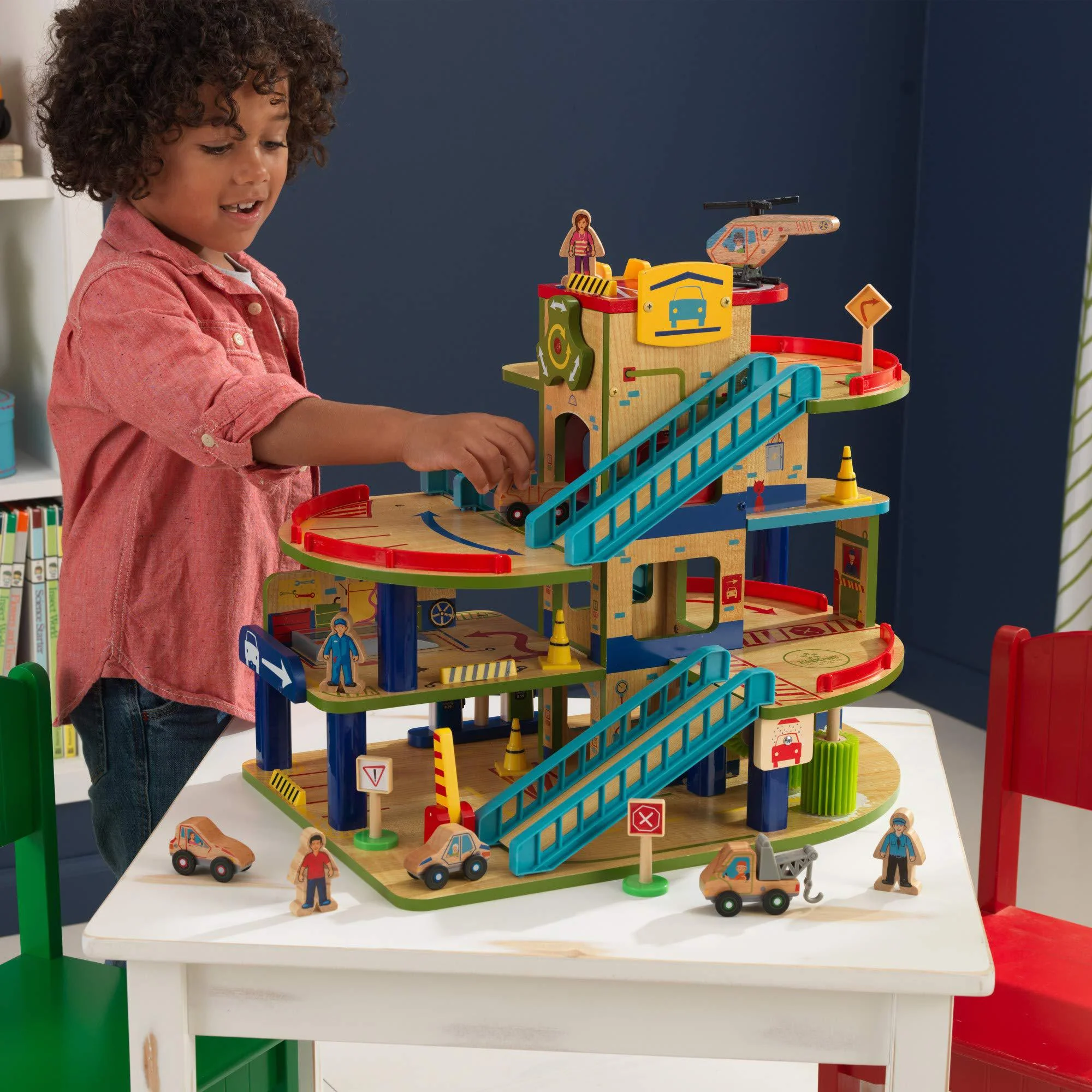 kidkraft wash n go wooden car garage playset with 19-piece accessory set and moving elevator, gift for ages 3+