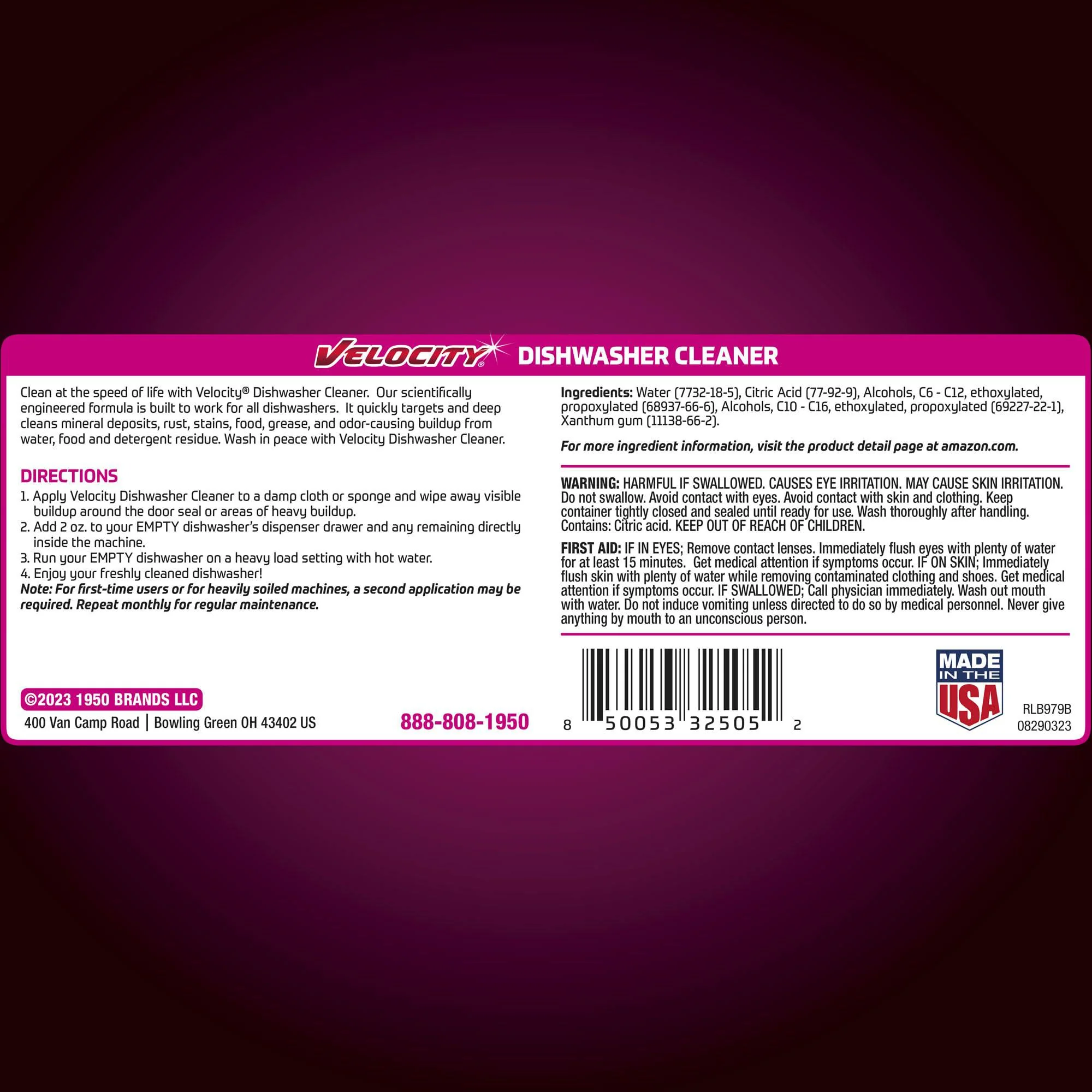 velocity dishwasher cleaner - deep cleans, descales &a; deodorizes interior for sparkling dishes, freshens machine &a; neutralize