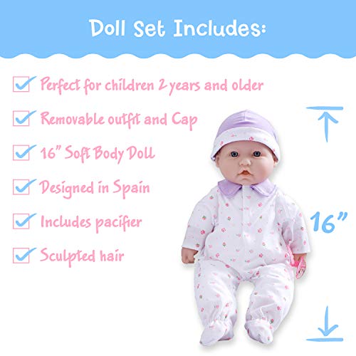 JC Toys - La Baby | Caucasian 16-inch Medium Soft Body Baby Doll | Washable | Removable Purple Outfit w/ Hat and Pacifier | for