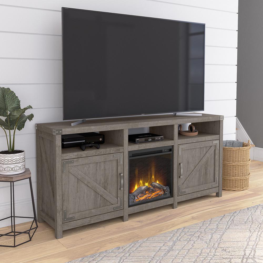 Kathy Ireland Home Bush Furniture Cottage Grove 65W Electric Fireplace TV Stand for 75 Inch TV, Restored Gray