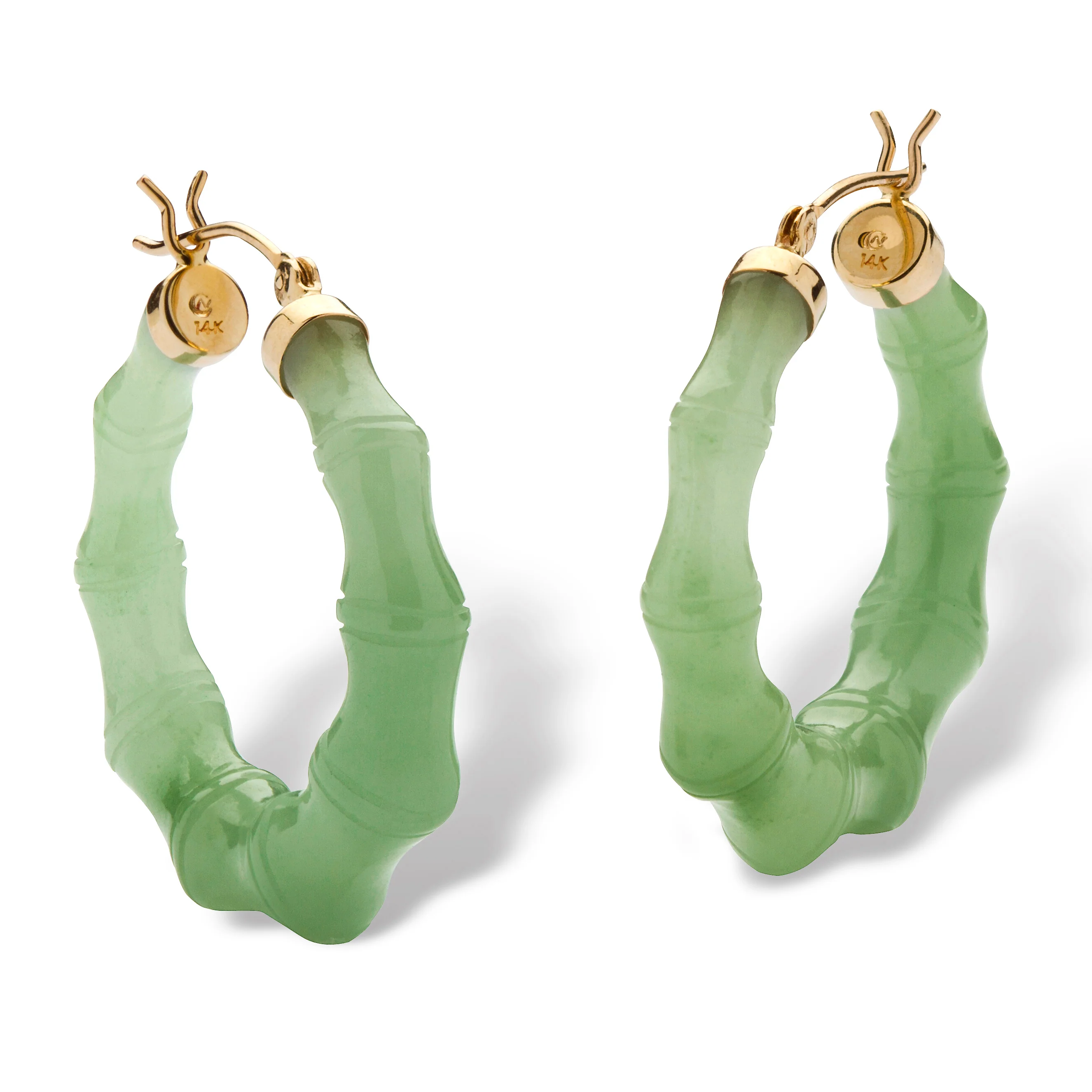 PalmBeach Jewelry Genuine Green Jade 14k Yellow Gold Bamboo-Style Hoop Earrings (1 1/8