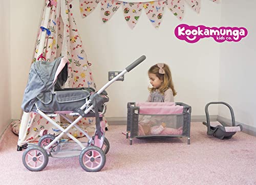 KOOKAMUNGA KIDS 5 Piece Deluxe Baby Doll Playset | Essential Doll Accessories | Toy Pram Stroller Set and Bassinet | Removable C