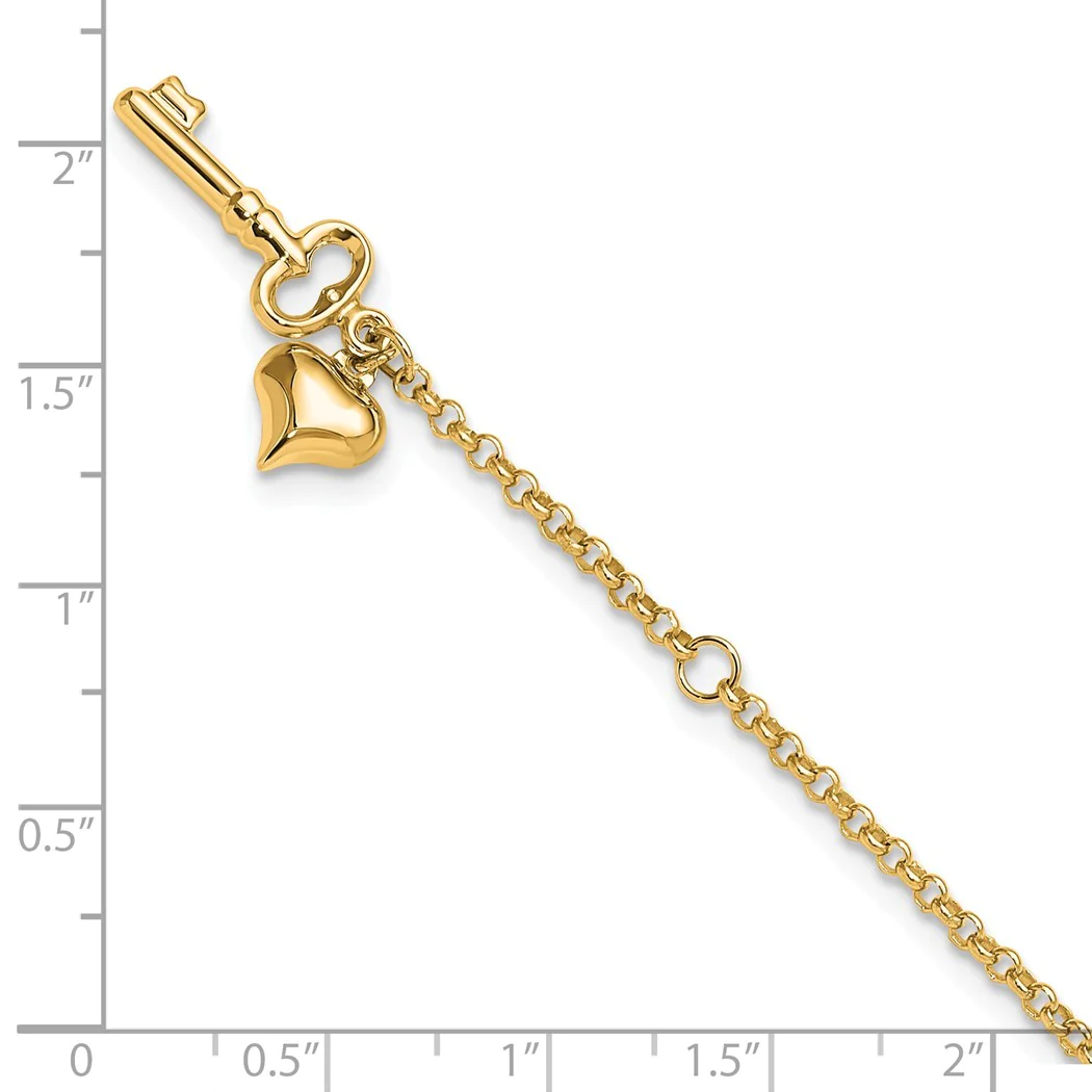 Jewelryweb 13mm 14k Adjustable Polished Puffed Heart Key 9inch Plus 1in Extension Anklet - 10 Inch